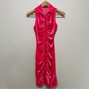 Sorella Hot Pink Ruched Bodycon Dress Women Small Sleeveless Collared Y2K Party‎